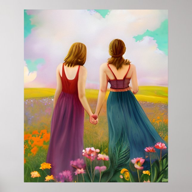 Beautiful Lesbian Couple in Field of Flowers Poster (Front)