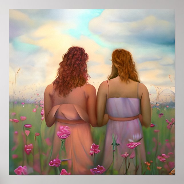 Beautiful Lesbian Couple in Meadow of Flowers Poster (Front)