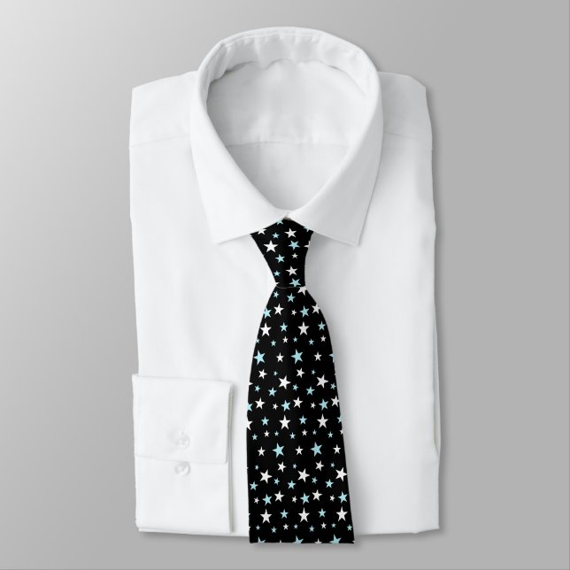 Beautiful Light Blue and White Stars on Black Tie (Tied)