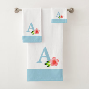 Beautiful Light Blue Monogram with Pink Flower Bath Towel Set