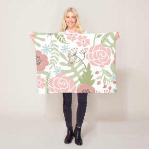 Beautiful Light Pink and Green Flowers Fleece Blanket