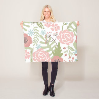 Beautiful Light Pink and Green Flowers Fleece Blanket