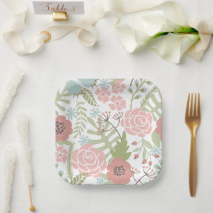 Beautiful Light Pink and Green Flowers Paper Plate