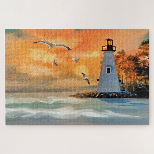 Beautiful Lighthouse and Sea Scene Painting Jigsaw Puzzle (Horizontal)