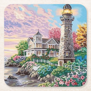 Beautiful Lighthouse Cottage Square Paper Coaster