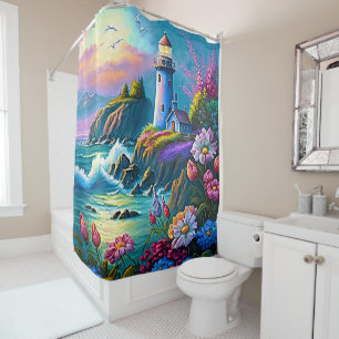 beautiful lighthouse lovers beach shower curtain