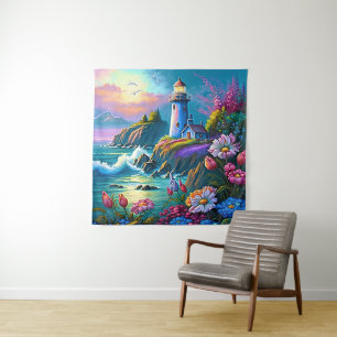 beautiful lighthouse lovers beach tapestry