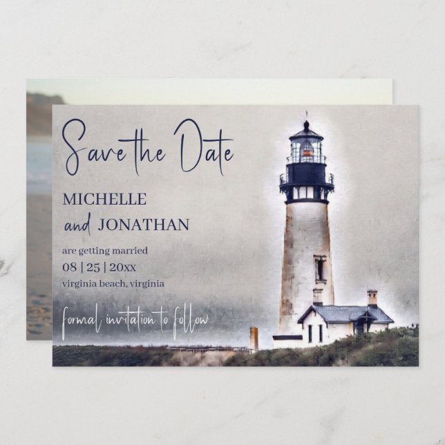Beautiful Lighthouse Nautical Beach Photo Wedding Save The Date (Front/Back)
