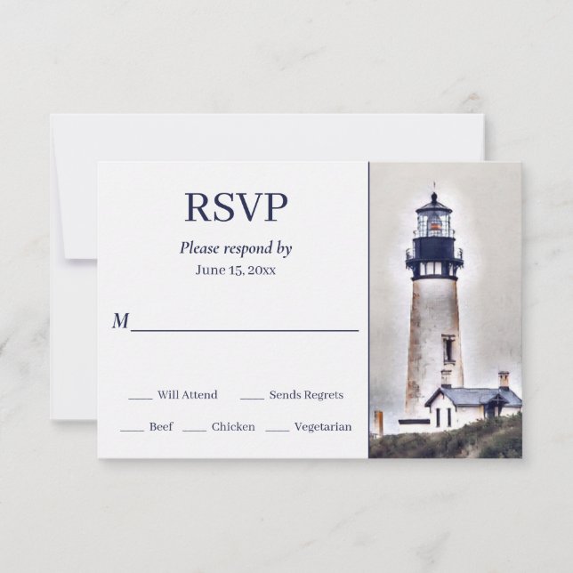 Beautiful Lighthouse Nautical Beach Wedding RSVP Card (Front)