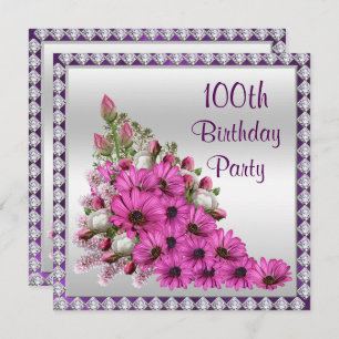 Beautiful Lilac Bouquet & Diamonds 100th Birthday Invitation