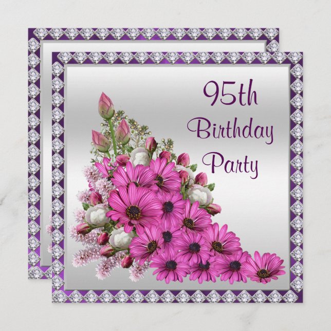 Beautiful Lilac Bouquet & Diamonds 95th Birthday Invitation (Front/Back)