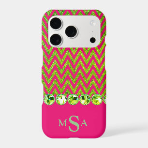 Beautiful Lime Green Pink Bling Chevron Monogram
