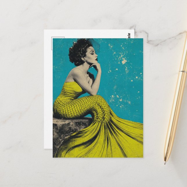 Beautiful Lime Retro Mermaid Postcard (Front/Back In Situ)