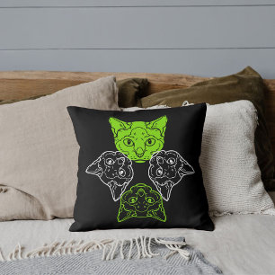 Beautiful Lime White Cats Head Animal Lover Black Cushion