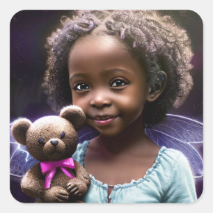 Beautiful Little Girl Holding a Teddy Bear Square Sticker