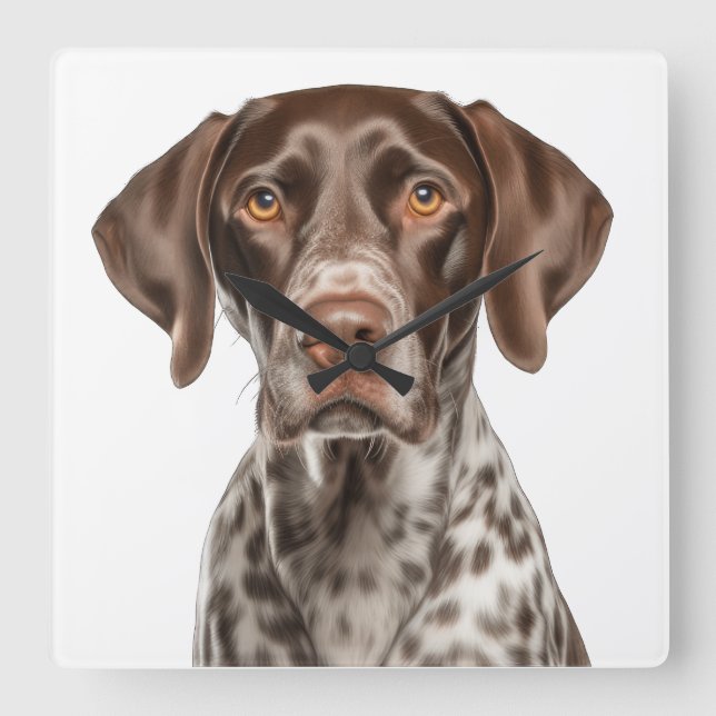 BEAUTIFUL LIVER & WHITE GERMAN SHORTHAIRED POINTER SQUARE WALL CLOCK (Front)