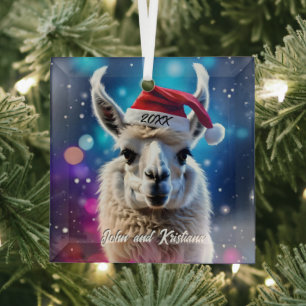 Beautiful Llama in a Santa Hat Glass Tree Decoration