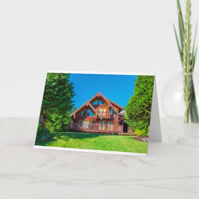 BEAUTIFUL LOG CABIN "NEW HOME" CONGRATULATIONS CAR CARD (Front)