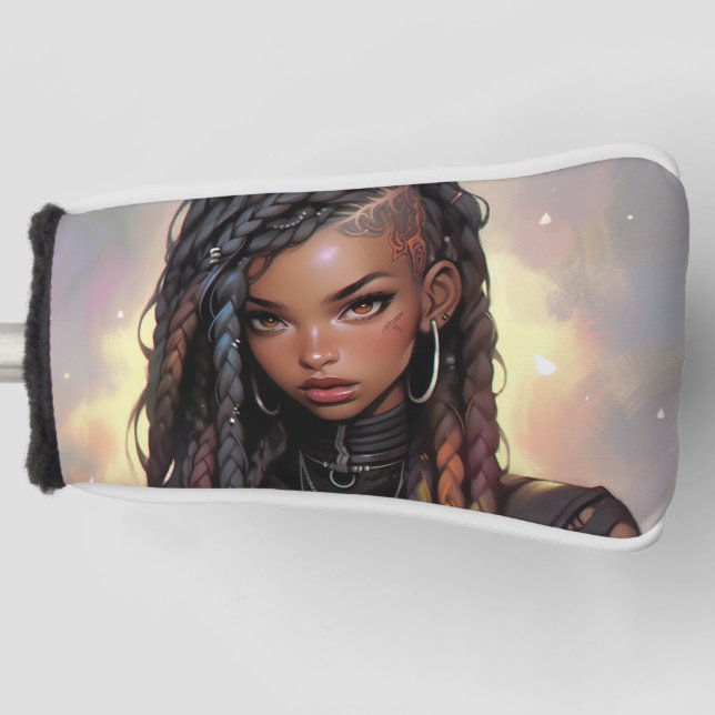 Beautiful Long Braids Undercut Black Anime Girl Golf Head Cover (Front)