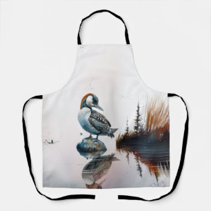 beautiful loon on a rock in watercolor apron