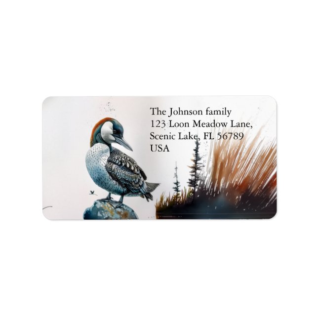 beautiful loon on a rock in watercolor label (Front)