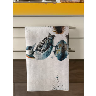 beautiful loon on a rock in watercolor tea towel