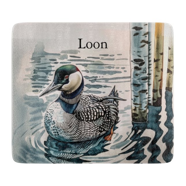 beautiful loon on water in watercolor cutting board (Front)