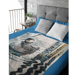 beautiful loon on water in watercolor fleece blanket