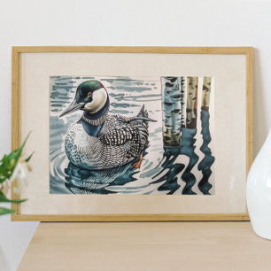 beautiful loon on water in watercolor poster