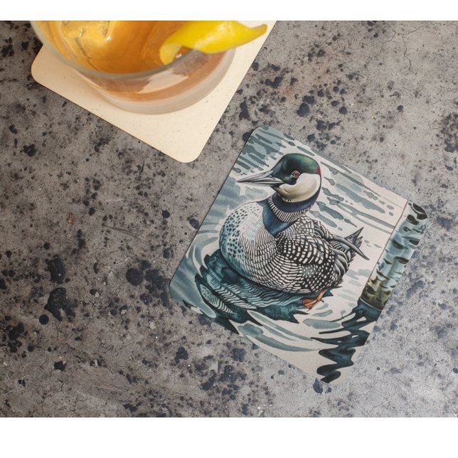 beautiful loon on water in watercolor square paper coaster (Creator Uploaded)