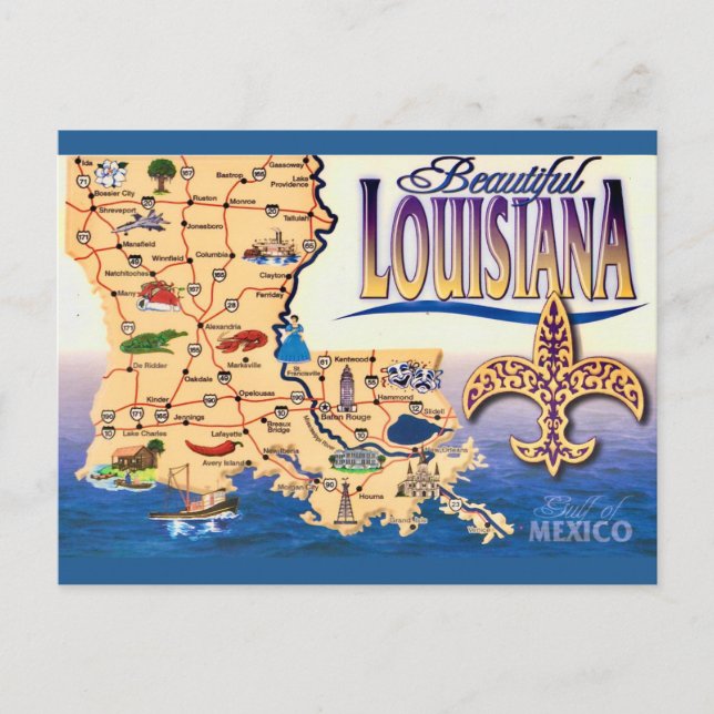 Beautiful Louisiana Map Postcard (Front)