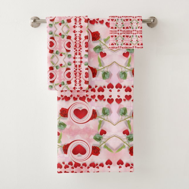 Beautiful Lovely Colourful Red Wedding Hearts pink Bath Towel Set (Insitu)