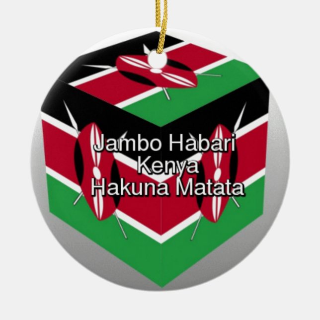 Beautiful Lovely Kenyan Flag Cube with Greeting  Ceramic Tree Decoration (Front)