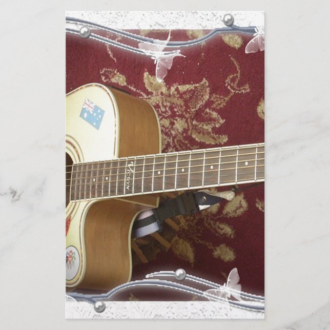 Beautiful Lovely Vintage Guitar on African Motif Stationery (Front)