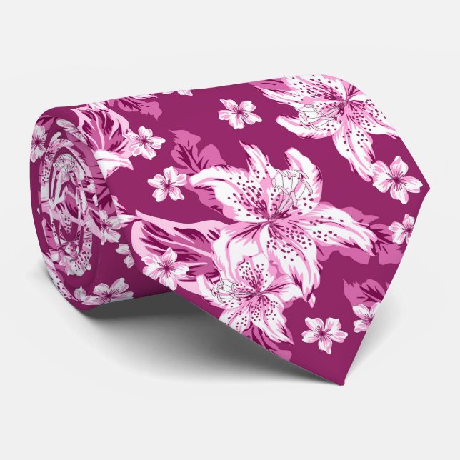 Beautiful magenta flower pattern tie (Rolled)