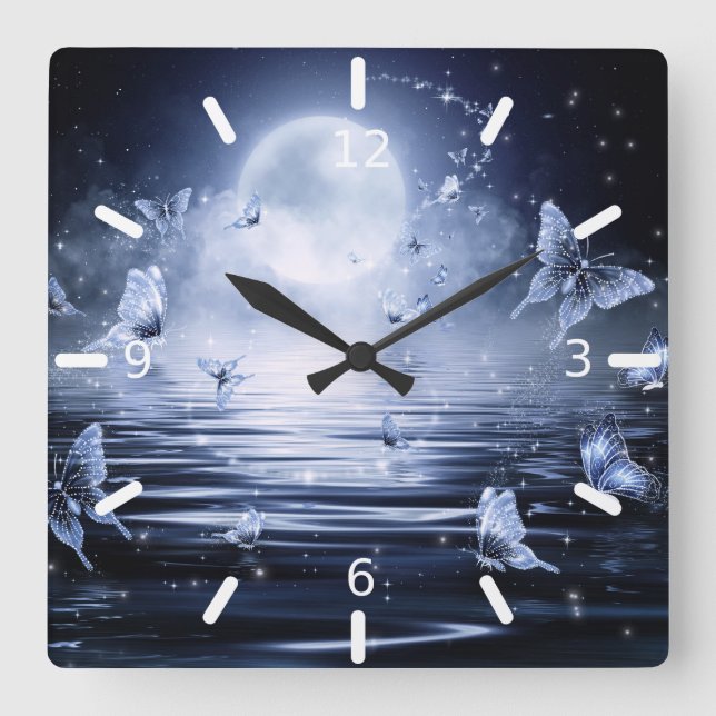 Beautiful Magical Butterflies In The Moonlight Square Wall Clock (Front)