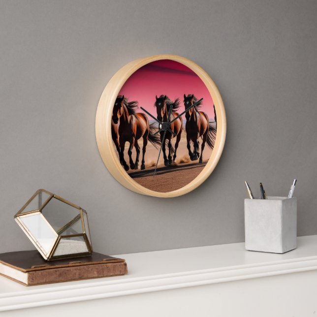 Beautiful Majestic Wild Horses Running in Twilight Clock (Office)