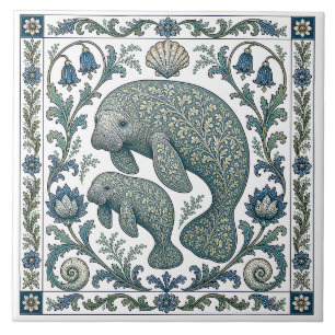 Beautiful Manatee Mum And Baby Vintage Ornate Ceramic Tile