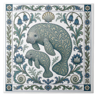 Beautiful Manatee Mum And Baby Vintage Ornate Ceramic Tile