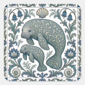 Beautiful Manatee Mum And Baby Vintage Ornate Square Sticker