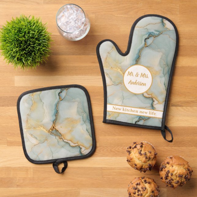 Beautiful Marble Blue And Gold Modern Couples Oven Mitt & Pot Holder Set (Top Down)