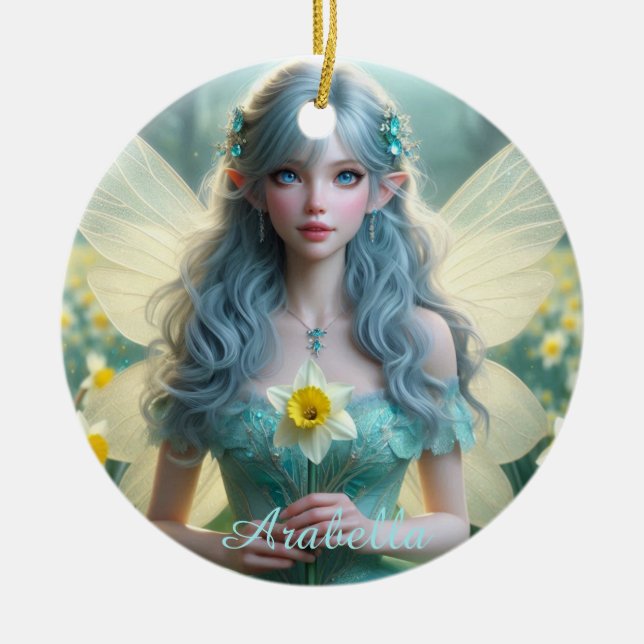 Beautiful March Fairy in Daffodils Ceramic Ornament (Front)