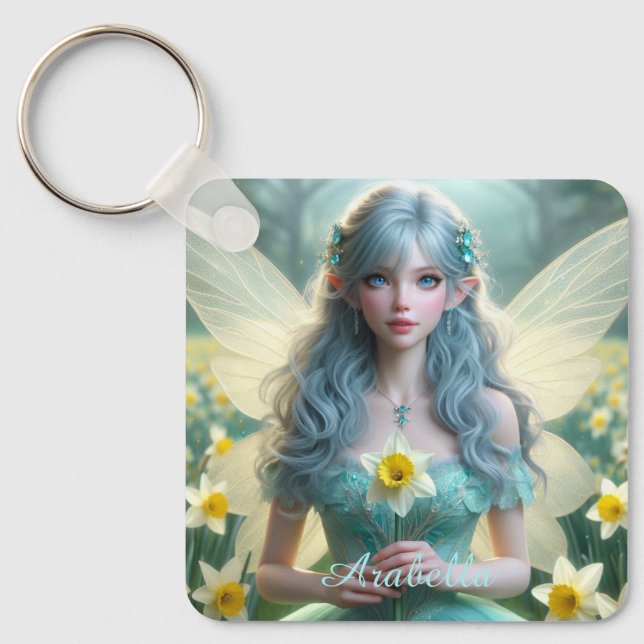 Beautiful March Fairy in Daffodils Key Ring (Front)