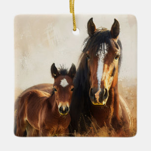 Beautiful Mare and Foal Painting Ceramic Ornament