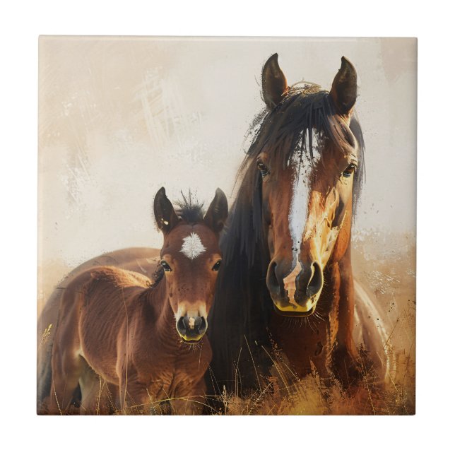 Beautiful Mare and Foal Painting Ceramic Tile (Front)