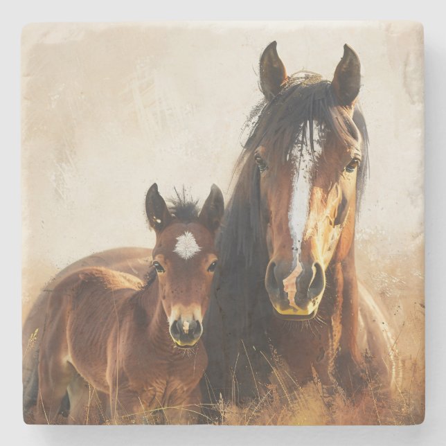 Beautiful Mare and Foal Painting Stone Coaster (Front)