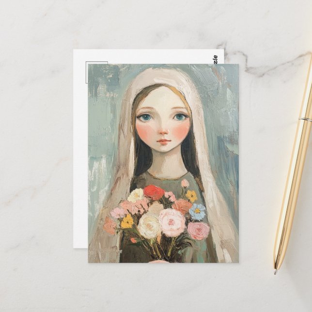 Beautiful Mary With Flowers Postcard (Front/Back In Situ)