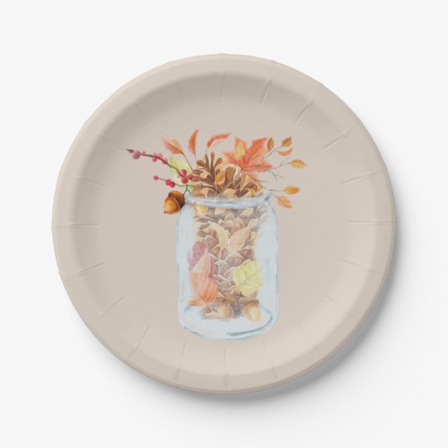 Beautiful Mason Jar Fall Thanksgiving Watercolor Paper Plate (Front)