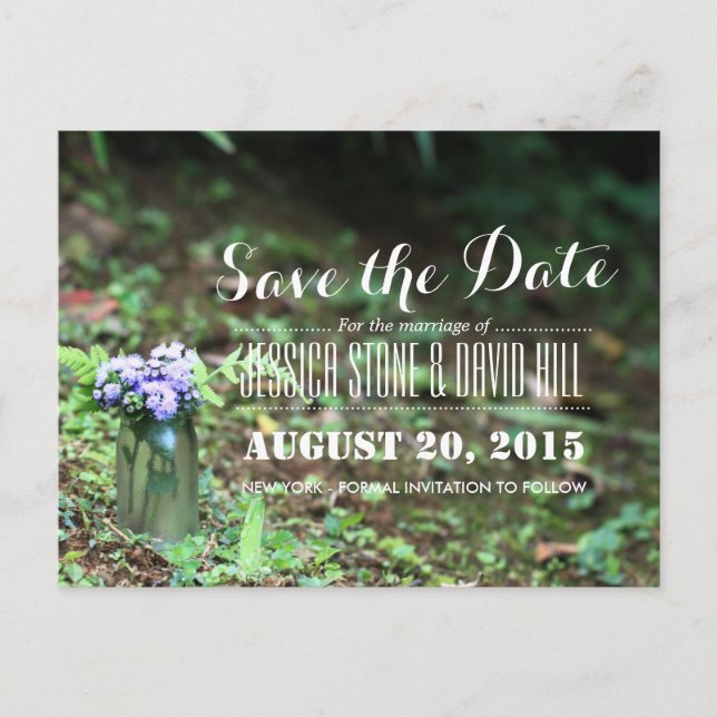 Beautiful Mason Jar Purple Flowers Save the Date Announcement Postcard (Front)
