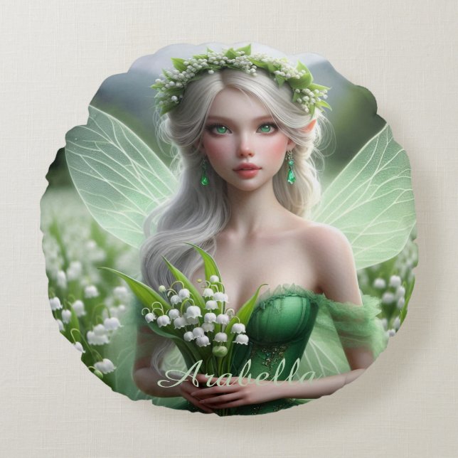 Beautiful May Fairy in Lilies of the Valley Round Cushion (Front)